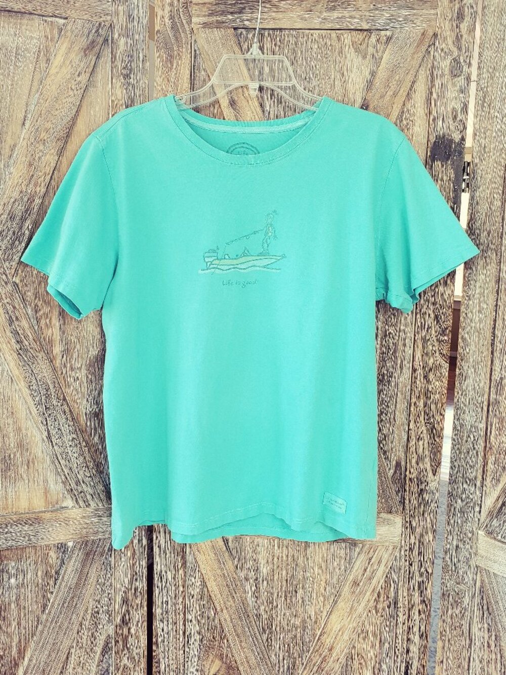Life Is Good Fishing Boat Graphic Short Sleeve Tee Women's L Green Relaxed Fit